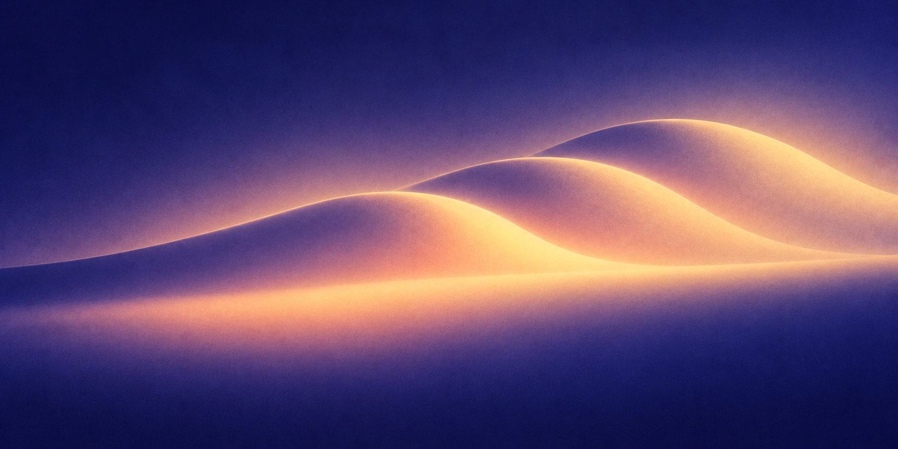 Three evolving indigo curves illuminated by soft peach and lemon light.