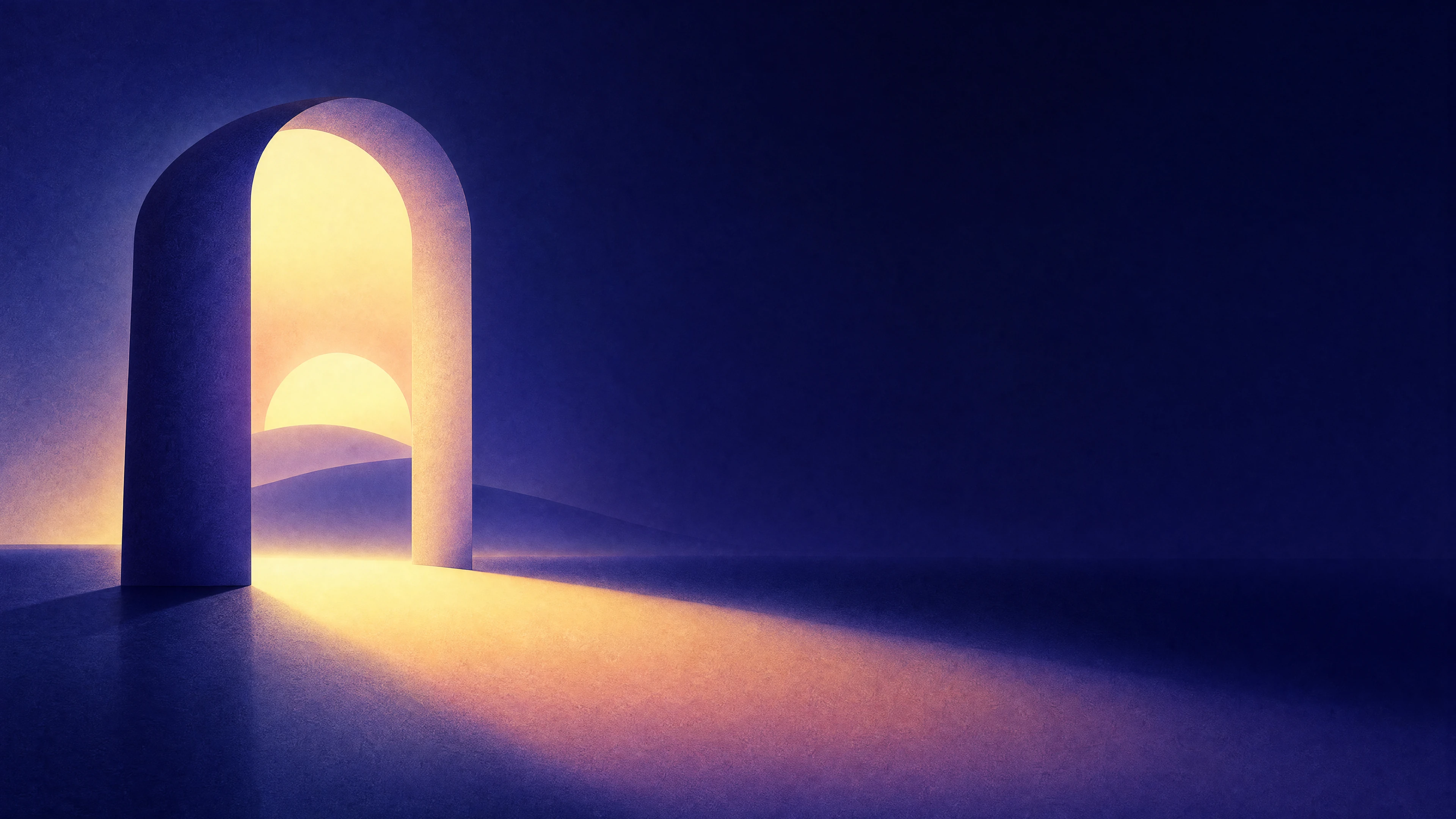 A luminous doorway opening onto layered horizons, casting warm light across an indigo landscape.