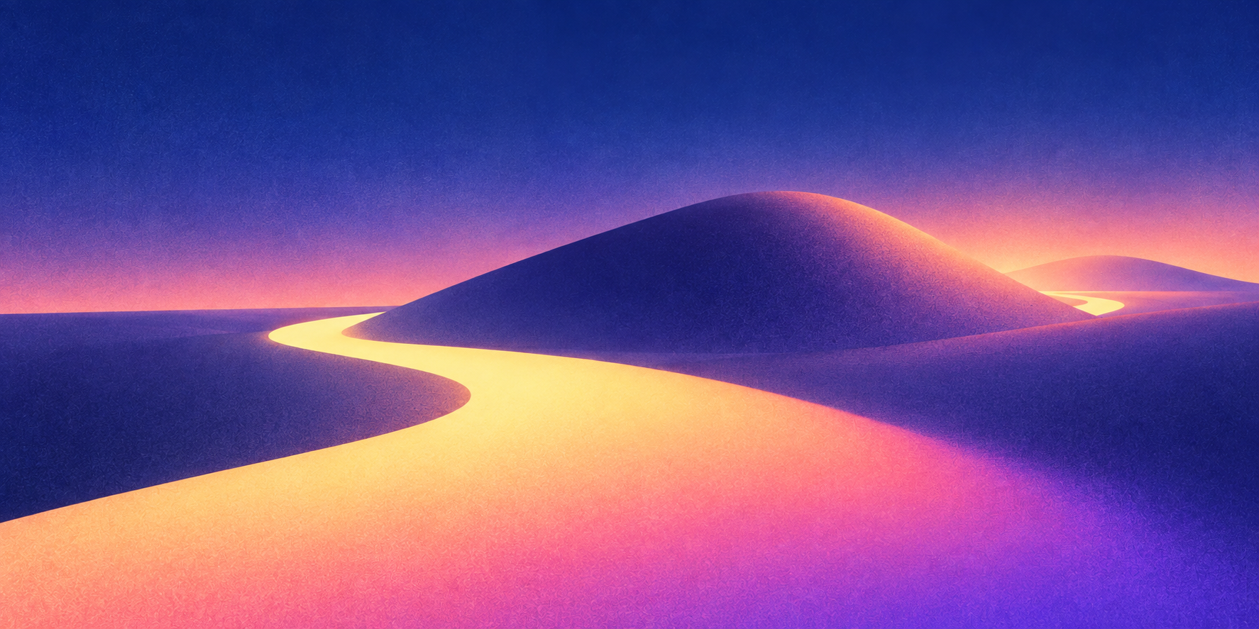 A luminous path continuing beyond a violet hill.
